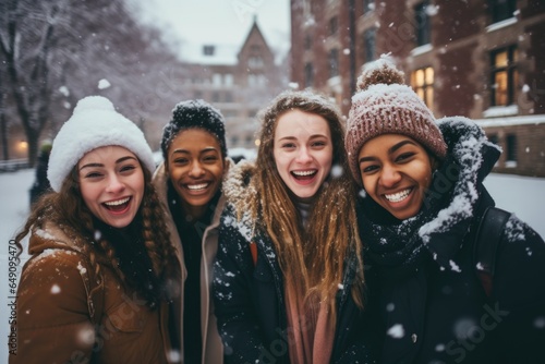 Smiling portrait of a young and diverse group of students on a college campus