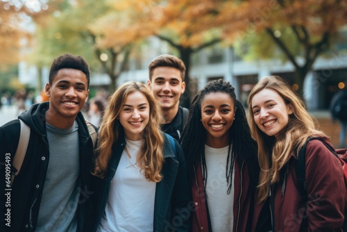 Smiling portrait of a young and diverse group of students on a college campus