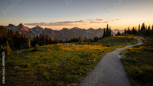 Mountain Path Hiking Trail Sunset on an Adventure exploring nature and backpacking in the summer