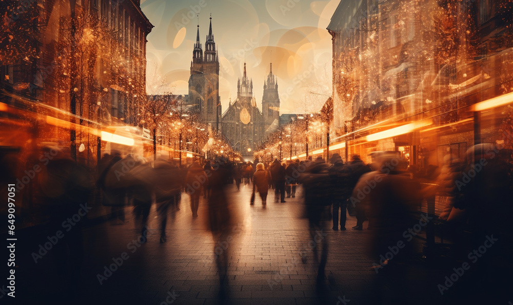 Motion Blur Illustration of Christmas Evening in European City with Lights and Decorations. Generative ai