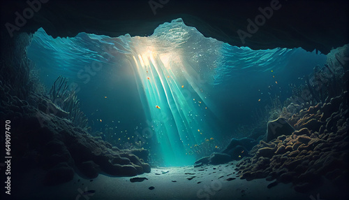 Fantasy underwater seascape isolated with sunlight, clean and minimalist background, Ai generated image photo