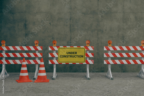 a barricade with red stripes that says "Under Construction", 3d rendering