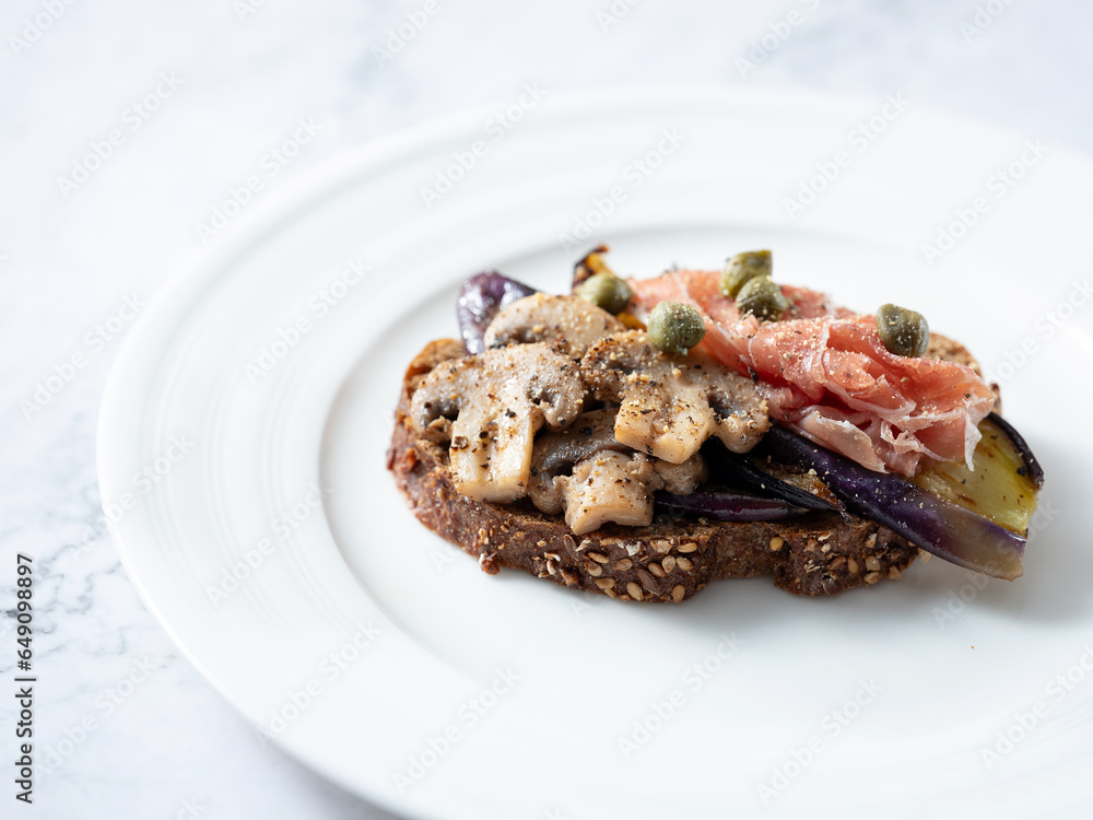 Eggplant and Mushroom Open Sandwich with Raw Ham	