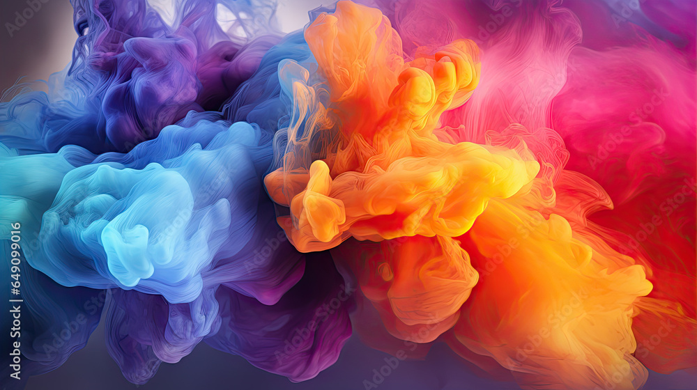 Clubs of multicolored neon smoke, ink. An explosion, a burst of holi paint. Abstract psychedelic pastel light background. 3D rendering. AI generated.
Clubs of multicolored neon smoke, ink. An explosio