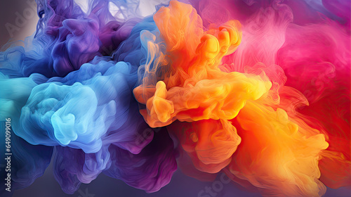 Clubs of multicolored neon smoke, ink. An explosion, a burst of holi paint. Abstract psychedelic pastel light background. 3D rendering. AI generated. Clubs of multicolored neon smoke, ink. An explosio
