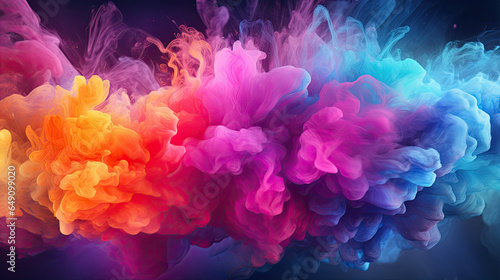 Clubs of multicolored neon smoke, ink. An explosion, a burst of holi paint. Abstract psychedelic pastel light background. 3D rendering. AI generated. Clubs of multicolored neon smoke, ink. An explosio