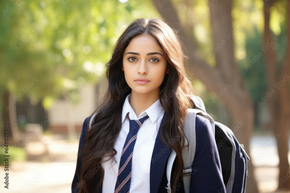 Woman wearing school uniform and carrying backpack. This image can be used to depict student going to school or for educational purposes. Woman wearing school uniform and carrying backpack. This image can be used to depict student going to school or for educational purposes.