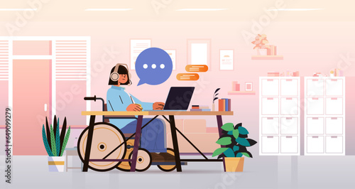disabled woman operator with headset in wheelchair girl chatting with clients customer service rep people with disabilities concept