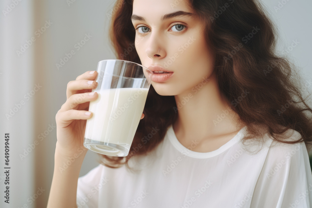 Woman is seen drinking glass of milk. This image can be used to promote healthy eating habits or to illustrate importance of consuming dairy products. Woman is seen drinking glass of milk. This image can be used to promote healthy eating habits or to illustrate importance of consuming dairy products.
