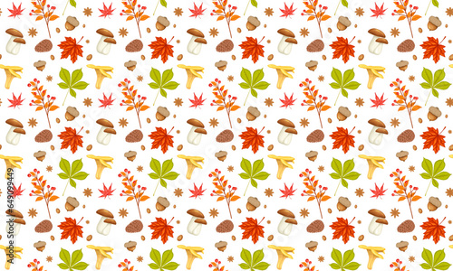 Seamless pattern with acorns and autumn oak leaves in Orange, Beige, Brown and Yellow. Perfect for wallpaper, gift paper, pattern fills, web page background, autumn greeting cards.