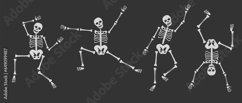 Dancing human skeletons vector set. Different skeleton poses set isolated on dark background vector illustration. Halloween concept. Flat vector in cartoon style isolated on dark background.