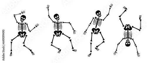 Dancing human skeletons vector set. Different skeleton poses set isolated on dark background vector illustration. Halloween concept. Flat vector in cartoon style isolated on dark background. photo