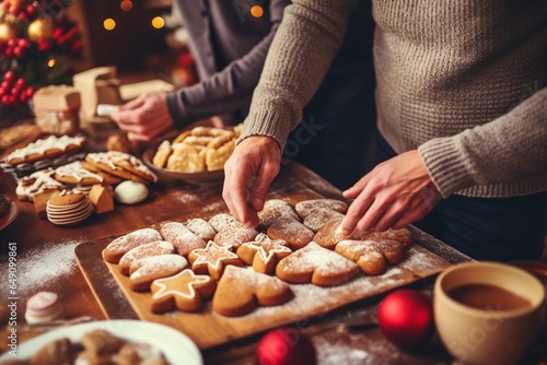 Couple making Christmas cookies in the kitchen at home. Christmas and New Year concept.
