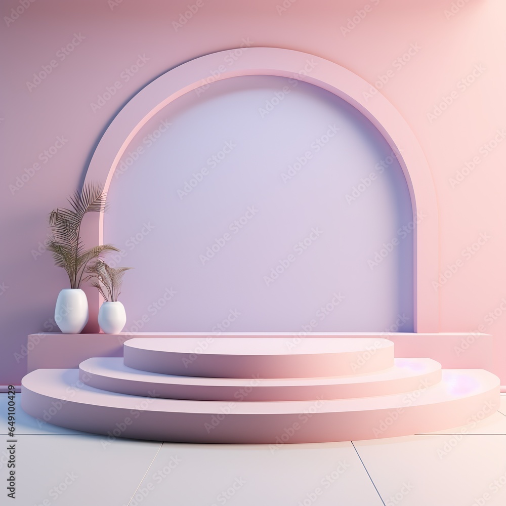 Empty round pink podium, stage, pedestal for goods and objects