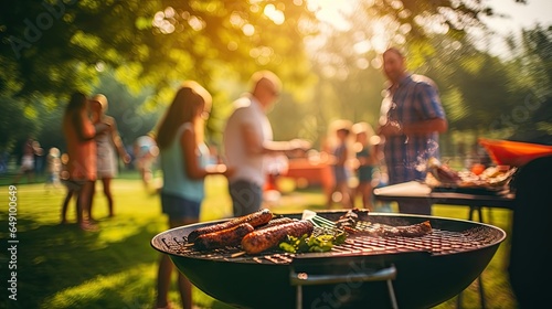 Family group partying outdoors Focus on grilling food in public gardens. space for text