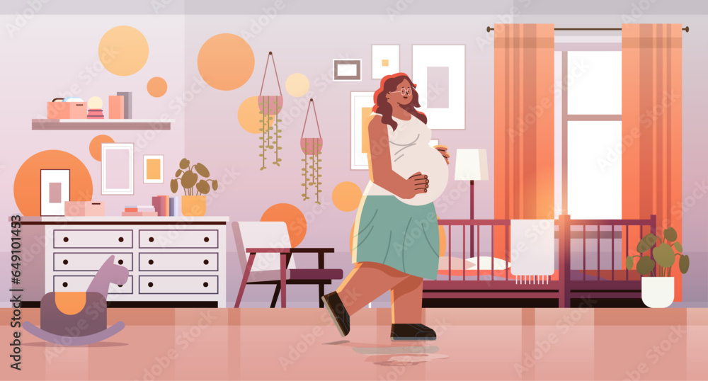 happy pregnant woman future mom hugging belly near crib pregnancy motherhood expectation concept happy pregnant woman future mom hugging belly near crib pregnancy motherhood expectation concept