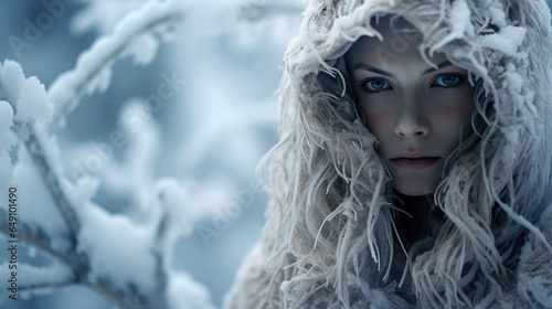Snowflakes falling on a peaceful woman in a fur cloak in a frosted forest