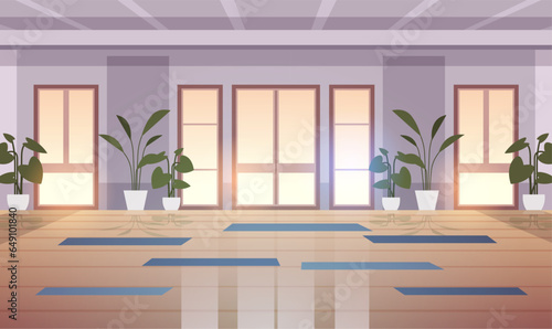 yoga studio healthy lifestyle concept empty no people gym interior design with mats and panoramic windows