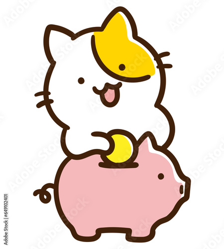 豚の貯金箱に小銭を入れるかわいいねこのキャラクターのデフォルメイラスト