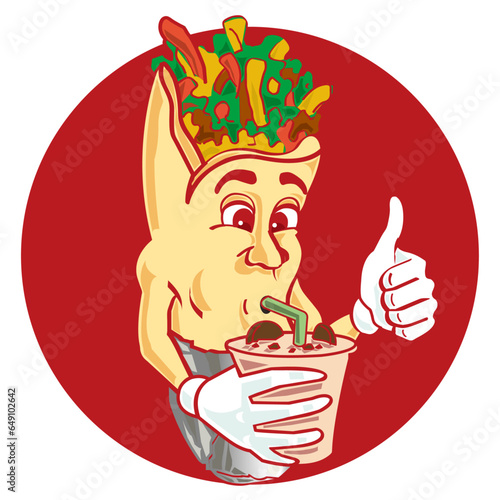 Personaje de dibujo animado de shawarma tomando bebida,refresco, comida árabe, ilustración de vector