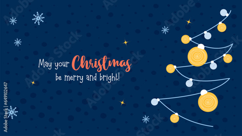 Modern banner with Christmas tree with yellow and blue balls on blue background. Vector Horizontal illustration. New year poster in minimalistic trendy style with space for writing text.