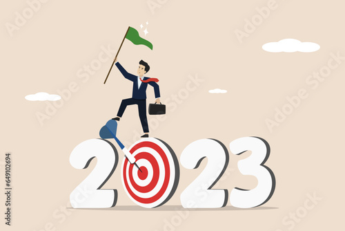 Target achieved in 2023  success in achieving business goals  progress or improvement in business  smart business people standing in 2023 waving the flag of success. Illustration successful business.
