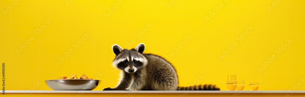Raccoon on isolated yellow background.