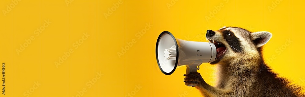 Raccoon using megaphone on isolated yellow background. - obrazy, fototapety, plakaty 