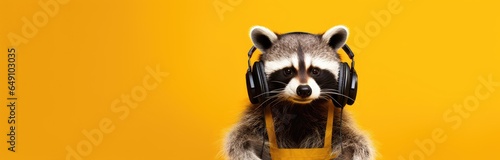 Raccoon wearing headphones on isolated yellow background. photo