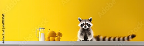 Raccoon on isolated yellow background.