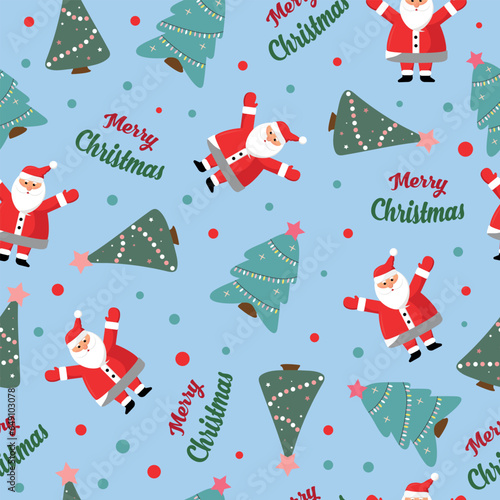 Christmas seamless pattern with santa claus and fir trees.
