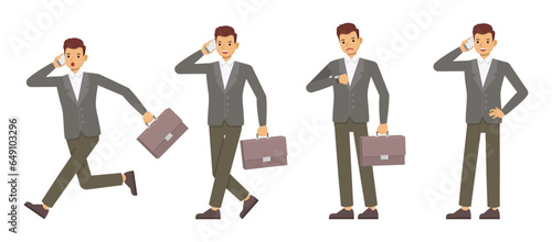 Set of office man wear grey suit character vector design. Presentation in various action. People working in office planning, thinking and economic analysis on isolated white background.