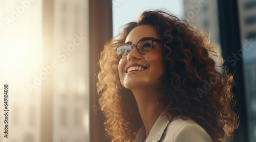 businesswoman in glasses looking out of window