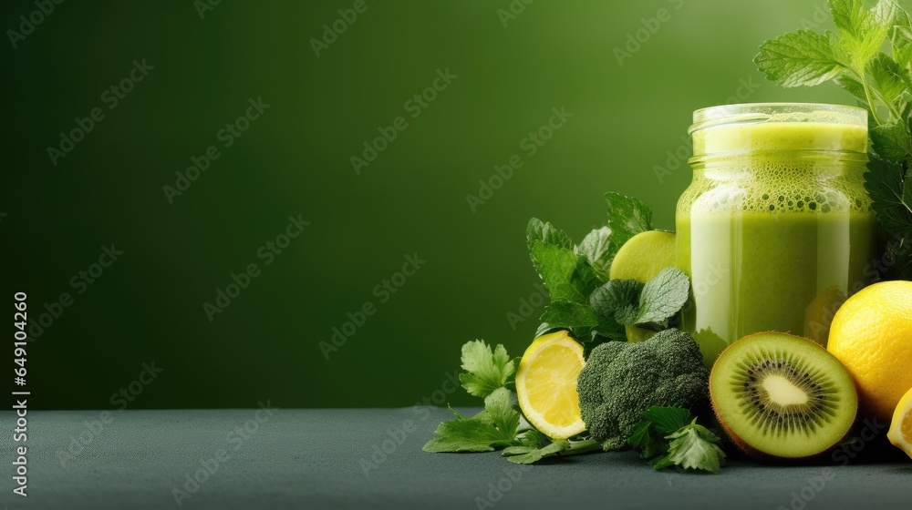 Glass bottle with green smoothie, kale leaves, lemon, apple, kiwi, grapes, banana, avocado, lettuce With space for text Glass bottle with green smoothie, kale leaves, lemon, apple, kiwi, grapes, banana, avocado, lettuce With space for text