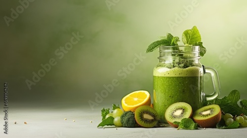 Glass bottle with green smoothie  kale leaves  lemon  apple  kiwi  grapes  banana  avocado  lettuce With space for text