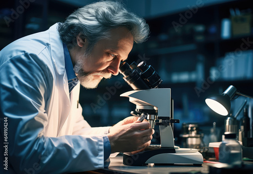 a researcher looking at a microscope at work in a lab