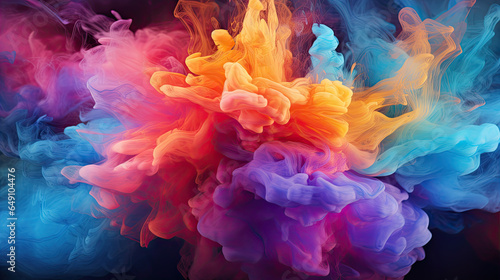 Clubs of multicolored neon smoke, ink. An explosion, a burst of holi paint. Abstract psychedelic pastel light background. 3D rendering. AI generated. Clubs of multicolored neon smoke, ink. An explosio