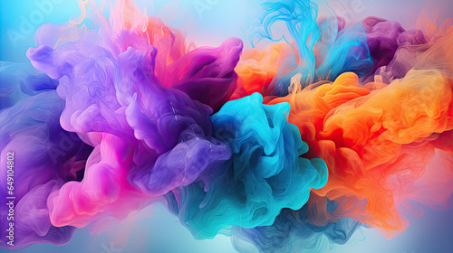 Clubs of multicolored neon smoke  ink. An explosion  a burst of holi paint. Abstract psychedelic pastel light background. 3D rendering. AI generated. Clubs of multicolored neon smoke  ink. An explosio