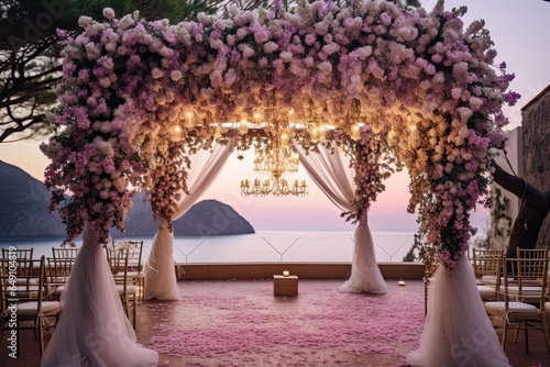 Wedding Ceremony with flowers outside in the beach with hanging lights