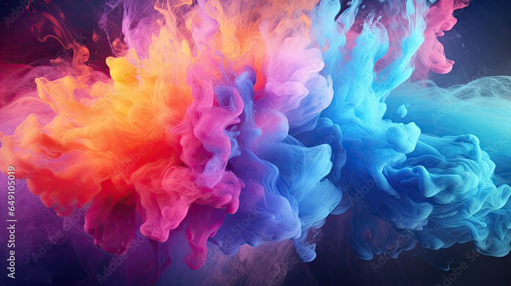 Clubs of multicolored neon smoke, ink. An explosion, a burst of holi paint. Abstract psychedelic pastel light background. 3D rendering. AI generated.
Clubs of multicolored neon smoke, ink. An explosio