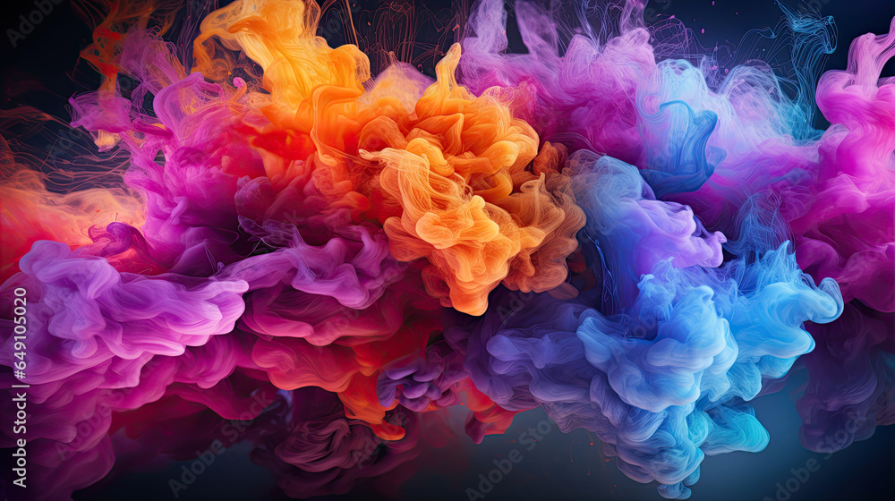 Clubs of multicolored neon smoke, ink. An explosion, a burst of holi paint. Abstract psychedelic pastel light background. 3D rendering. AI generated.
Clubs of multicolored neon smoke, ink. An explosio
