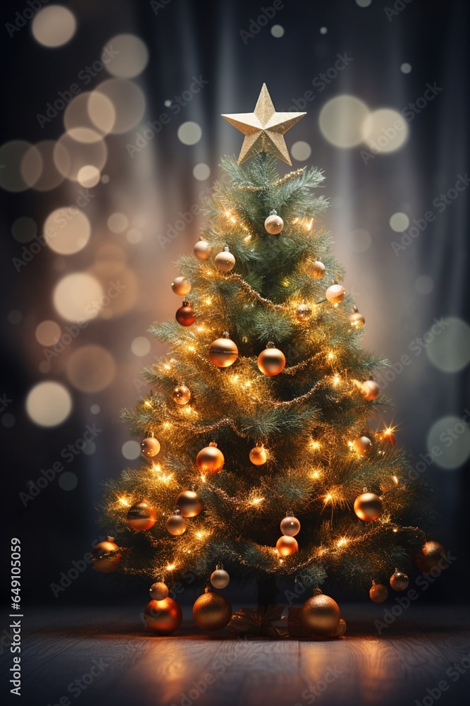 Christmas tree with golden decorations and bokeh lights on dark background Christmas tree with golden decorations and bokeh lights on dark background
