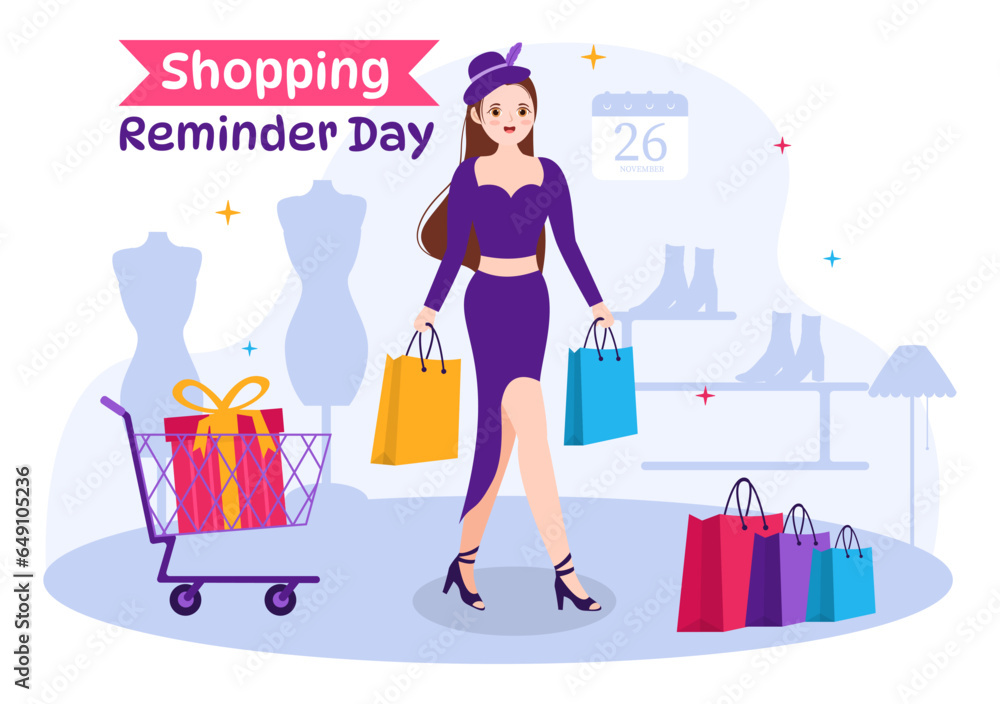 Shopping Reminder Day Vector Illustration on 26 November with Bag and Goods for Poster or Promotion in Flat Cartoon Background Design Templates