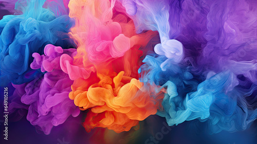 Clubs of multicolored neon smoke, ink. An explosion, a burst of holi paint. Abstract psychedelic pastel light background. 3D rendering. AI generated. Clubs of multicolored neon smoke, ink. An explosio