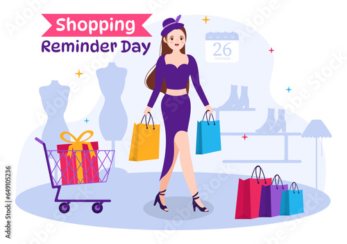 Shopping Reminder Day Vector Illustration on 26 November with Bag and Goods for Poster or Promotion in Flat Cartoon Background Design Templates