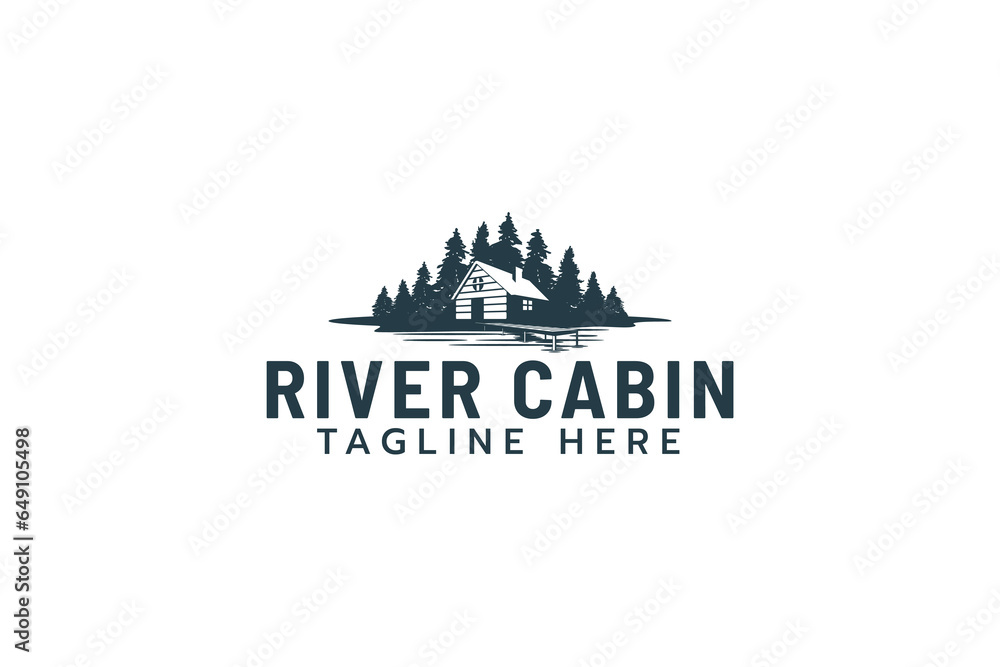 custom made wallpaper toronto digitalRiver cabin logo with a combination of a house, pines, and river or lake waters.