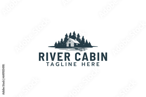 River cabin logo with a combination of a house, pines, and river or lake waters.