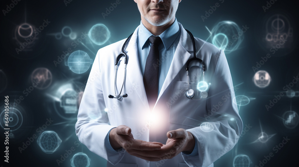Male medicine doctor hold healthcare medical icons for the Health insurance concept. Generative AI Male medicine doctor hold healthcare medical icons for the Health insurance concept. Generative AI