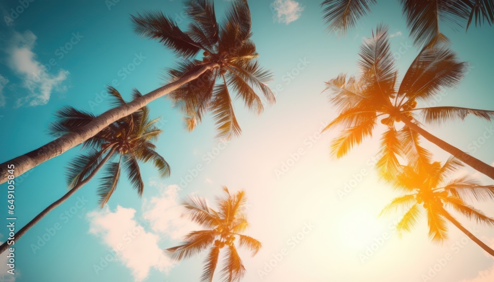 silhouette tropical palm tree with sun light on sunset sky and cloud abstract background. Summer vacation and nature travel adventure concept. Vintage tone filter effect color style.