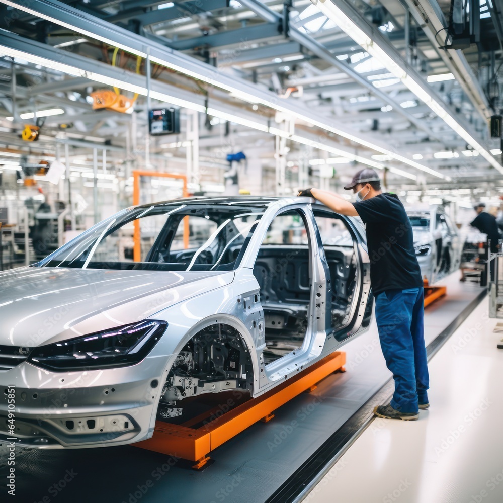 car production line with unfinished cars in a row.